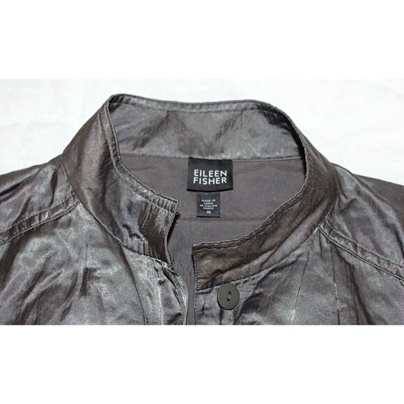 Eileen Fisher - High Collar Steel Satin Jacket in Charcoal Grey, Med - Picture 4 of 11
